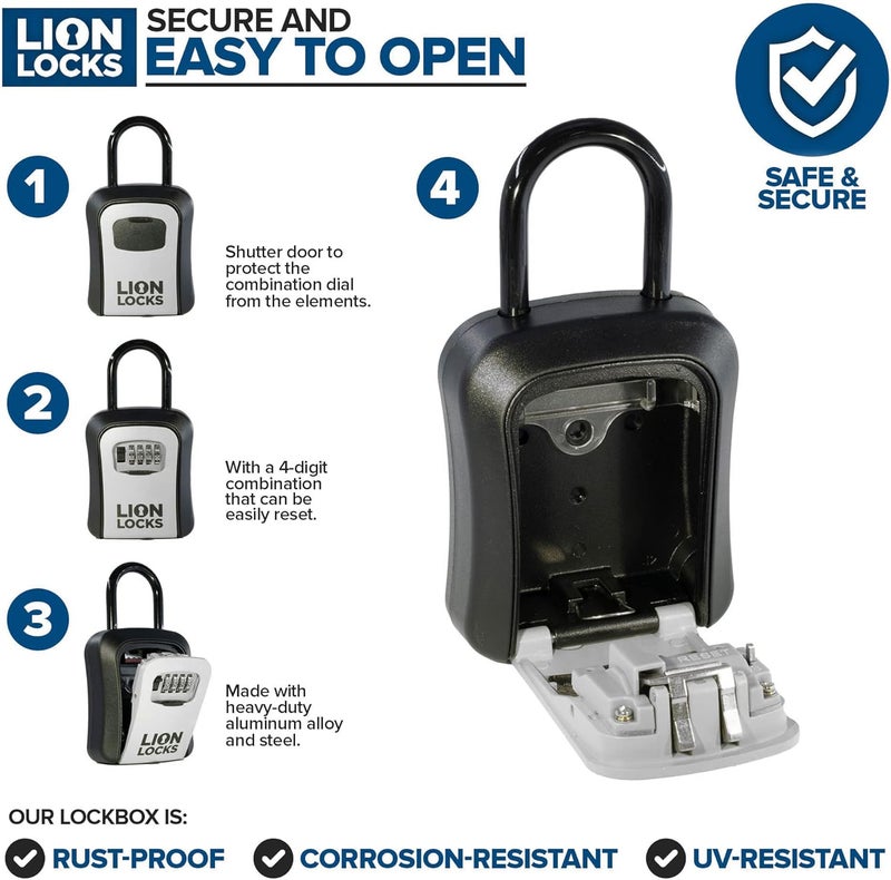 Lion Locks Key Lock Box for Keys with Code, 4 Digit Combination Lockbox for Keys Outdoor, Portable, Waterproof, Realtor Lock Box (Gray, 1 Pack) - Image 3